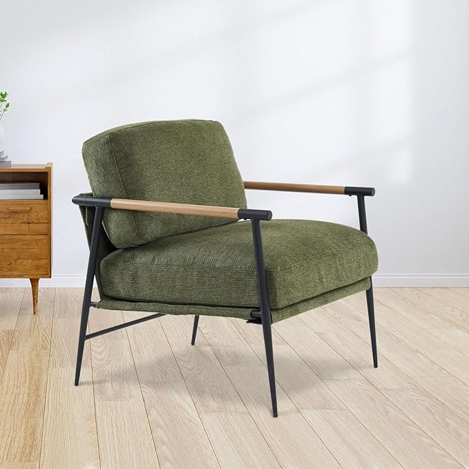 2PCS Green Accent Chair Set of 2 Chenille Mid Century Modern Armchair with Upholstered Soft Cushion for Living Room,Lounge,Bedroom,Wood-Grain Metal Armrest Legs