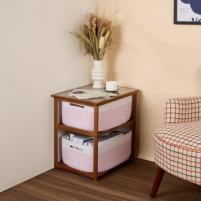 Large Storage Baskets for Organizing, Closet Shelf Baskets for Clothes Blanket Towels, Baby Nursery, Toy Bins Box, Woven Rope Baskets, 17 x 13 x 7.5”, 4 Packs Woven Pink