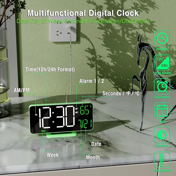KOSUMOSU Small Digital Clock, 6.7in Alarm Clocks for Bedrooms, Auto Dimming, Room Temperature, Day of The Week, Seconds, Date, Desk Clock for Bedroom, Digital Clocks for Living Room
