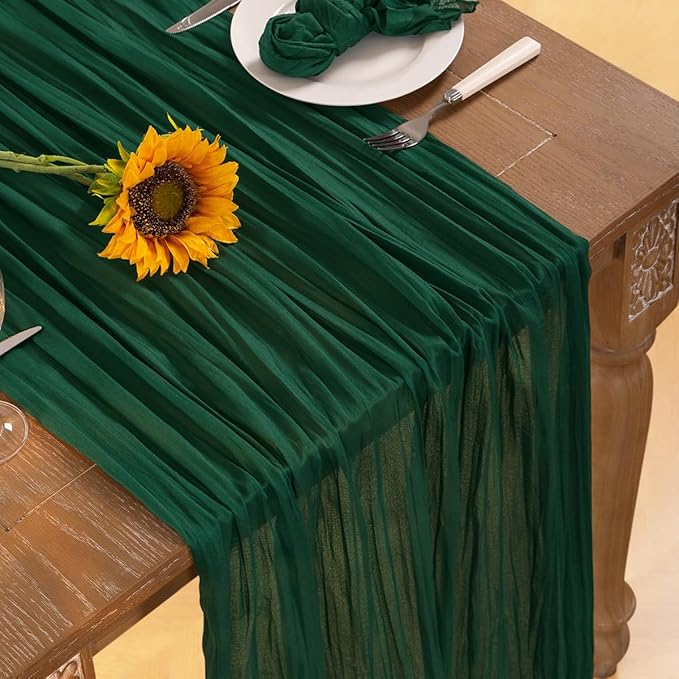 Emerald Green Cheesecloth Table Runner 4 Pack Fall Table Runners Boho Gauze 120 Inches Green Cheese Cloth Fall Table Decorations for Thanksgiving Wedding Bridal Baby Shower Tea Party