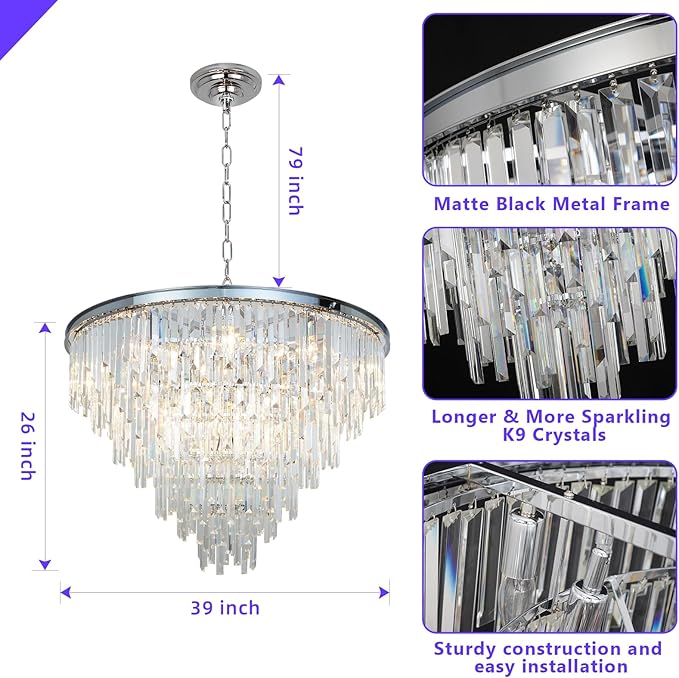 39'' Modern Crystal Chandelier, Black Round Ceiling Light with Clear Prisms, Luxury Flush Mount Lighting Fixture for Dining Room Bedroom Foyer