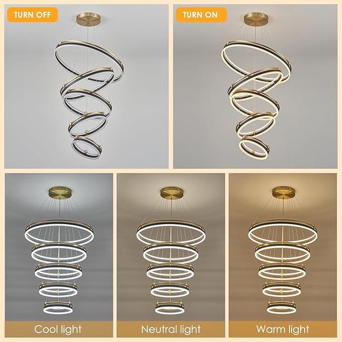 5-Rings Modern LED Chandelier Black Gold Dimmable Large High Ceiling Chandeliers Foyer, Remote Pendant Lighting for Foyer Entryway Dining Room Living Room Staircase(10-Ring Lighting, D29.5)