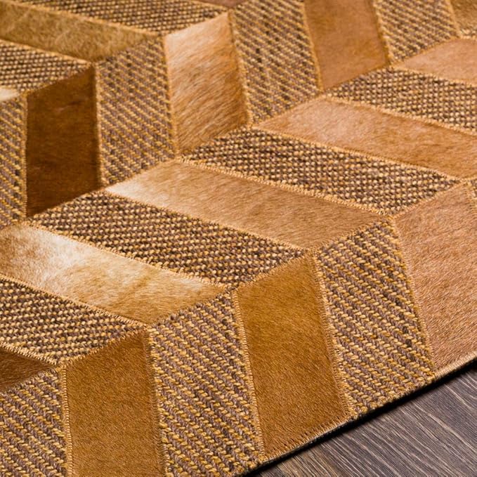 Geometric Pattern Area Rug, Leather and Wool Blend Carpet, Beige and White (Natural Multi Brown-114, 6x9)