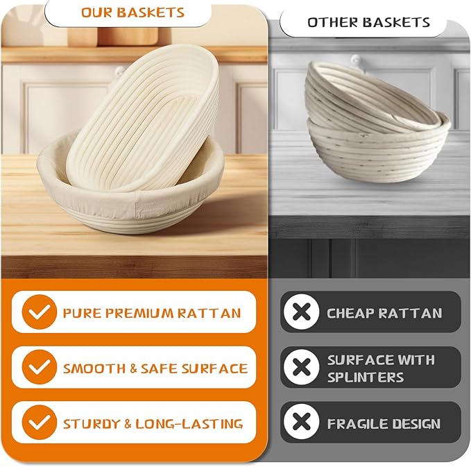 Banneton Bread Proofing Basket Banneton Basket Set Sourdough Proofing Basket Round Proofing Bowls Handmade Rattan Baskets and Liners (Round of 2 Gift Set)