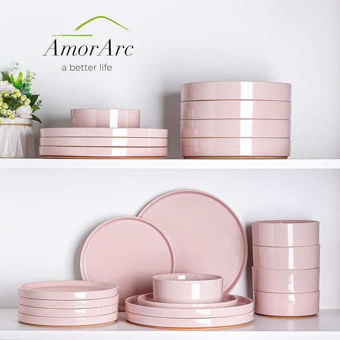 AmorArc Ceramic Dinnerware Set for 6 | Speckled Stoneware Plates and Bowls with Rustic Terracotta Underside| Scratch Resistant,Dishwasher & Microwave Safe Dishes Sets- 18pcs Pink