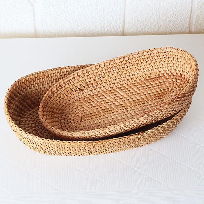 i-lan Set of 2 Oval Rattan Bread Baskets, 13 Inch Handwoven Wicker Basket Long with 2.7” Wall, Decorative Narrow Serving Basket Boho Bowl for Fruit, Food, Snack, Brown, 2-size:S+L