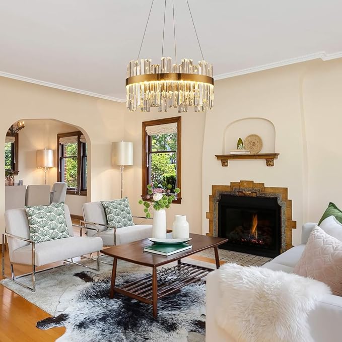 19.7'' Dimmable Modern LED Crystal Chandeliers,Gold Chandelier Light Fixture, 3 Colors Contemporary Pendant Ceiling Light for Dining Room Living Room Kitchen Island Entryway Foyer ,With Remote Control