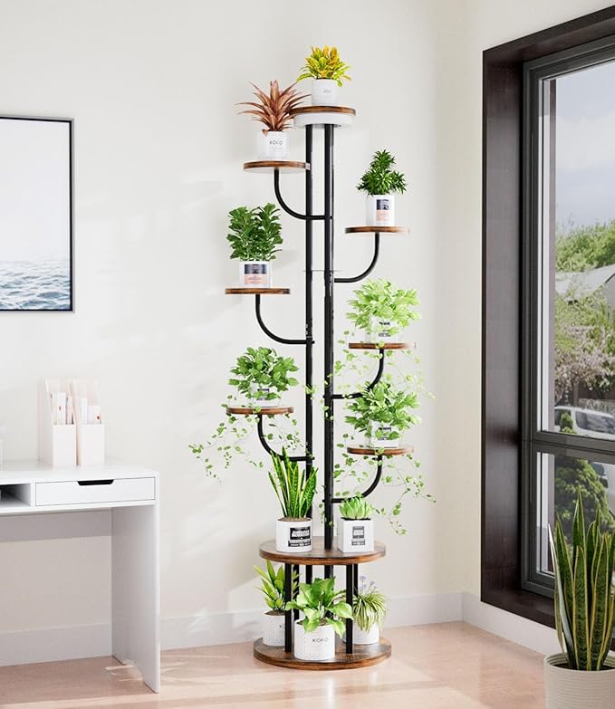 64" Tall Indoor Plant Stand with Grow Light, 9 Tier Metal Rotating Plant Shelf, Adjustable Tree-Shaped Plant Display Rack for Living Room, Bedroom, Office, Balcony