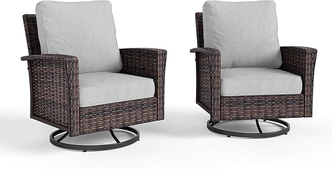 High Back Outdoor Swivel Chairs with 5.5" Thick Cushions, Wicker Rattan Patio Chairs Set of 2, Porch Deck Balcony Backyard Furniture, Grey