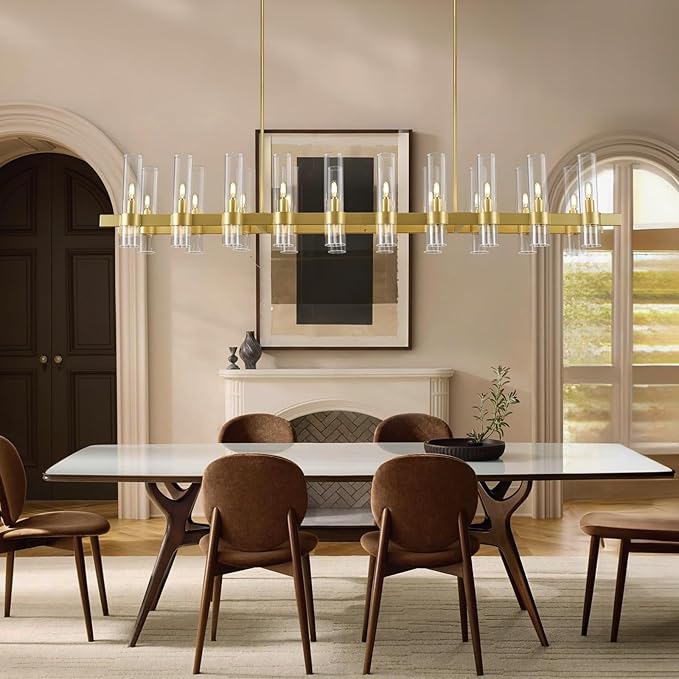 Modern Gold Linear Chandelier for Dining Room, 68'' Rectangular Dining Chandeliers Over Dining Table 20 Light, Linear Chandelier Lighting Fixture with Glass over Kitchen Island, Includes Bulbs