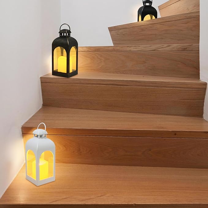 Decor Modern Farmhouse Lantern Decor Set of 4, Black Metal Small Candle Lanterns, Wooden Lanterns Decorative w/Timer & Remote-Controlled Flickering Candles for Home, Indoor, Table (Black)