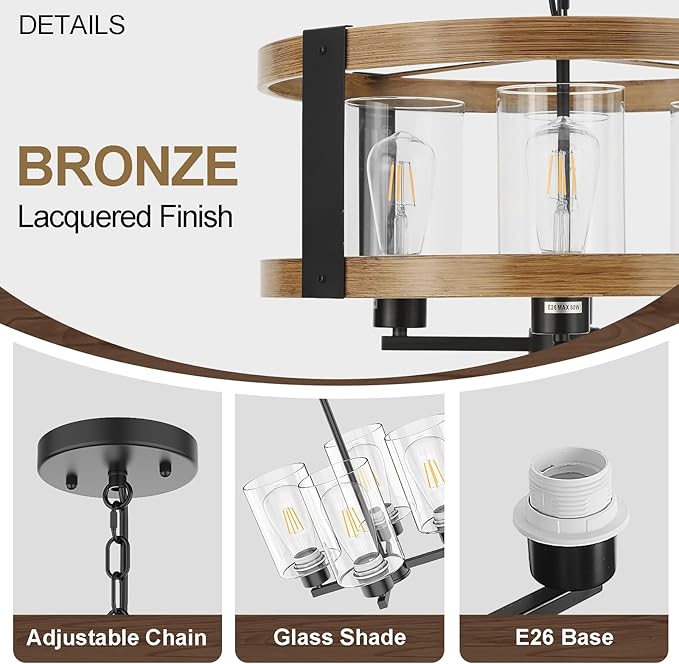 Farmhouse Chandelier, 20" Rustic Light Fixture with Glass Shade 4-Light Drum Lighting Fixtures Retro Pendant Lamp for Dining Room Foyer Living Room Entrance Kitchen Island Bedroom