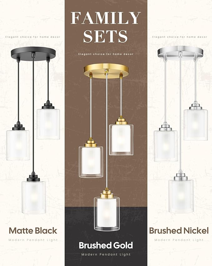 TENGXIN 3 Light Pendant Lights, Kitchen Island, Bedroom Modern Farmhouse Pendant with Dual Glass Shade, Brushed Nickel