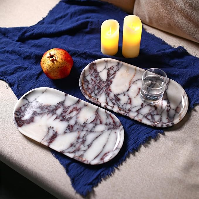 Natural Marble Tray, Coffee Table, Food, Fruit, Paper Cup, Cake Display, Coffee bar, Family Gatherings, Seasonal Holiday Decoration Tray(Viola-oval-11 x5 x0.7)