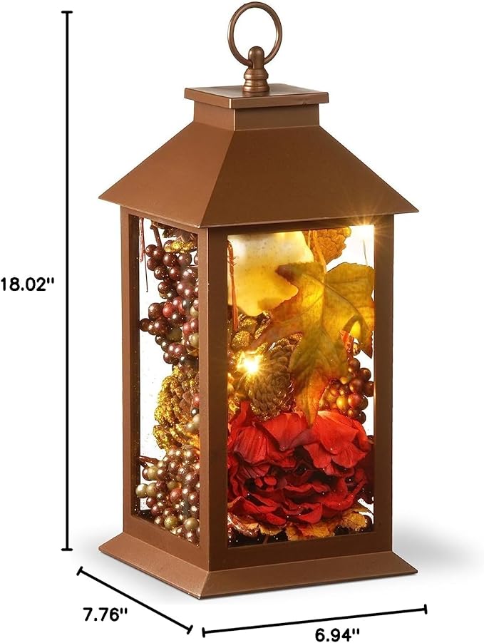 National Tree Company Harvest Lantern with LED Lights, Filled with Pumpkins, Leaves, Flowers, Berry Clusters, 12 inches