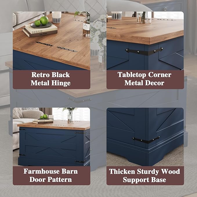 Farmhouse Coffee Table with Hidden Storage, Navy Blue Square Coffee Table for Living Room, Wood Large Center Table with Hinged Lift Top for Home, Office