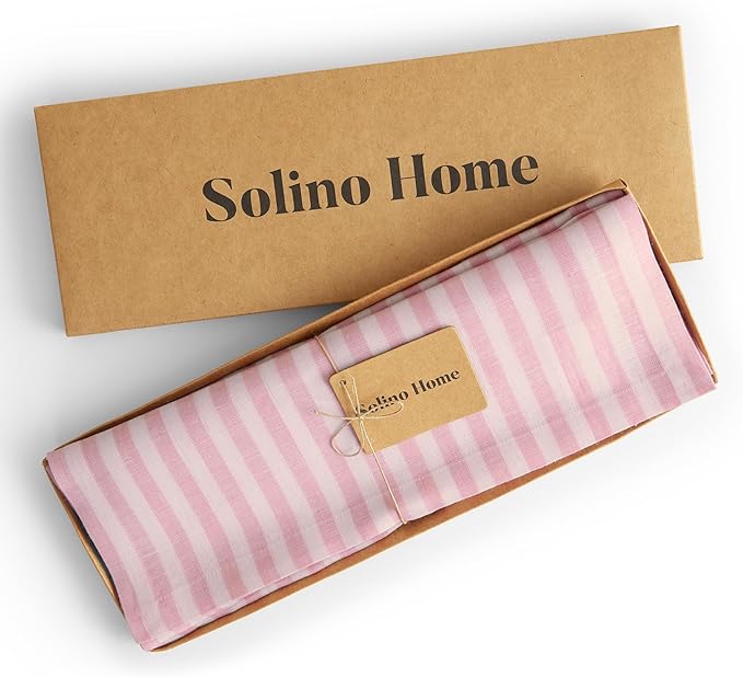 Solino Home Linen Placemats Set of 4 - Amalfi Stripe Cherry Blossom and White Placemats 14 x 19 Inch - 100% Pure Linen Place Mats