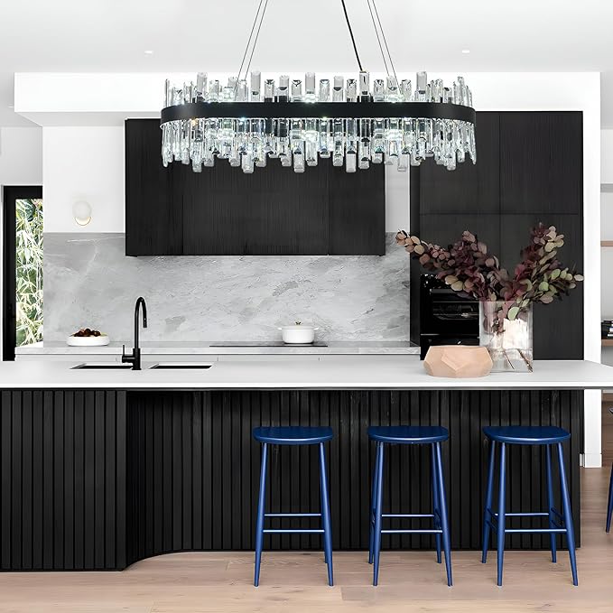 Rectangle Crystal Chandeliers, L35.4 inch 16-Light Black Chandelier Lighting Fixture, Height Adjustable Rectangular Oval Light for Dining Room Kitchen Island