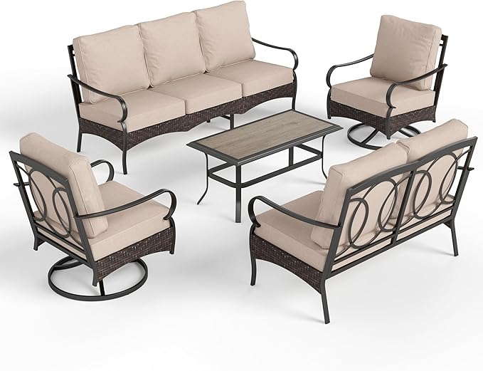 PHI VILLA Outdoor Modern Patio Furniture Set, Upgraded Wicker&Metal Patio Furniture Conversation Set with Waterproof Thick Cushions for Porch, Poolside, Deck, and Yard (5 Pieces,Beige)