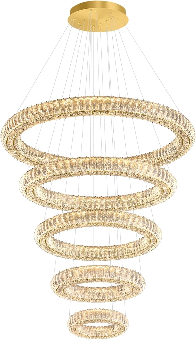 Gold 5 Ring Chandelier Modern Crystal Chandelier Lighting for Staircase, LED Foyer Ceiling Lights Fixtures High Ceiling Chandeliers, D8''+15.7"+23.6"+31.5"+39.4"