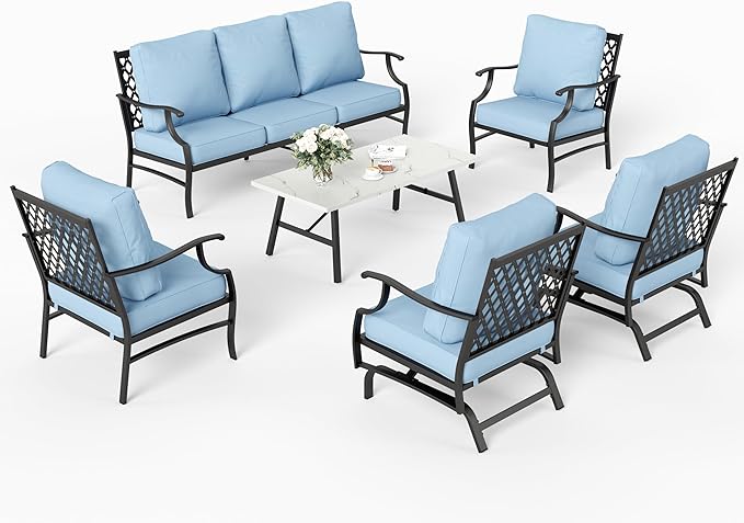 6 Piece Metal Outdoor Patio Furniture Set, Patio Conversation Set 1 3-Seater Sofa, 2 Rocking Chair, 2 Leg Chair with 5.75" Thick Cushion and Coffee Table, Backyard Furniture Set, Blue