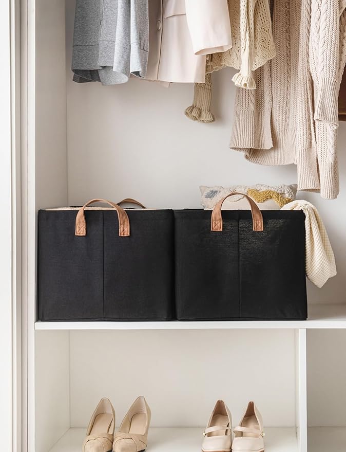 StorageWorks Storage Bins, Fabric Storage Bins for Shelves, Extra Large Storage Baskets with Metal Frame, Closet Baskets and Bins with Handles, Jumbo, Black, 2-Pack