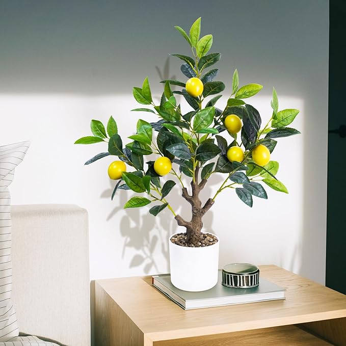 24Inch Fake Lemon Tree, Lemon Decor for Tabletop, Desk, Centerpiece, Home, Kitchen, Living Room, Artificial Potted Plants with White Planter and Stone Cover