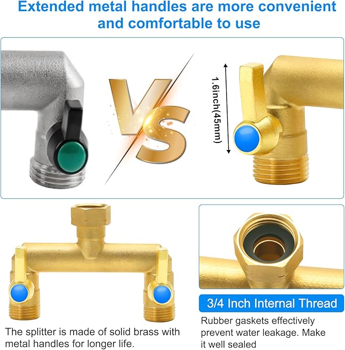 Garden Hose Splitter Full Flow, 2 Way Heavy Duty Outdoor Brass Hose Splitter with Metal Shutoff Valve and Long Handle Outdoor Faucet Diverter, 3/4" GHT Threads,Water Flow Increase