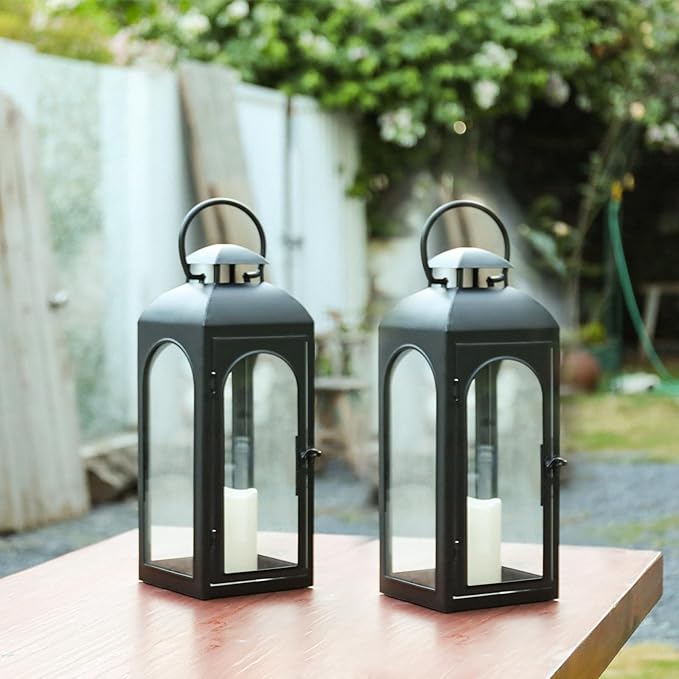 Bdor 2 Pack 16 Inches Metal and Tempered Glass Decorative Lantern with Electronic Wax Effect - Indoor/Outdoor Decorative Lighting, Handcrafted Aesthetic, Perfect for Home, Parties, and Holiday Decor