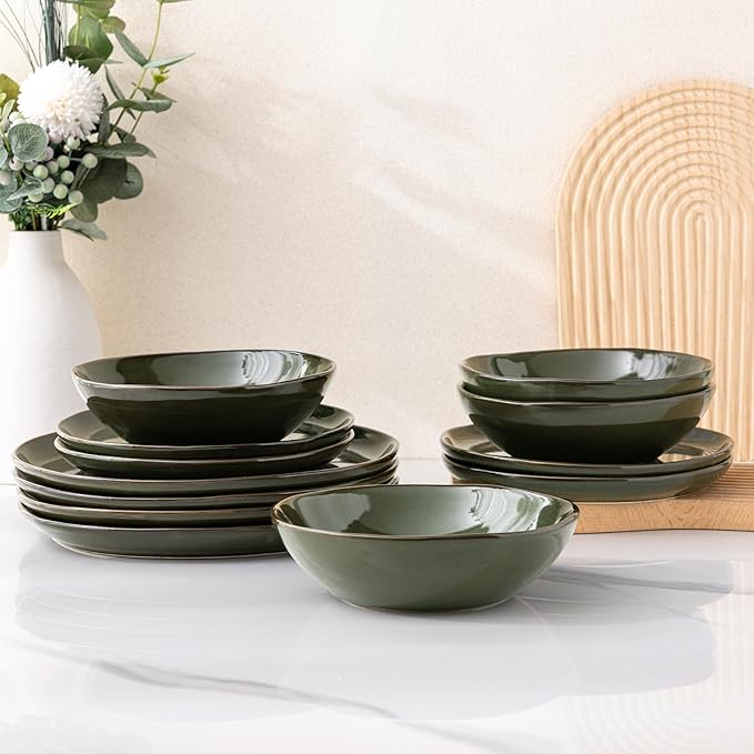 AmorArc Ceramic Dinnerware Sets,Handmade Reactive Glaze Stoneware Plates and Bowls Set,Highly Chip and Crack Resistant Dishware | Dishwasher & Microwave Safe Dishes,Service for 4(12Pcs)