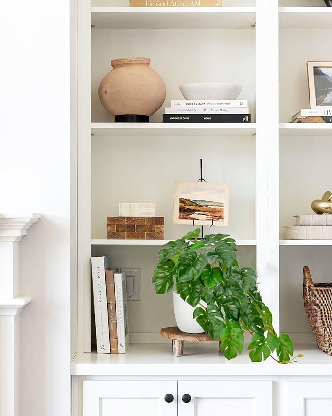 DILATATA Fake Plants Indoor 9 Inch Artificial Monstera Plant in White Plastic Pot - Faux Potted Tropical Palm Plant for Home Aesthetic Decor Living Room Shelf Office