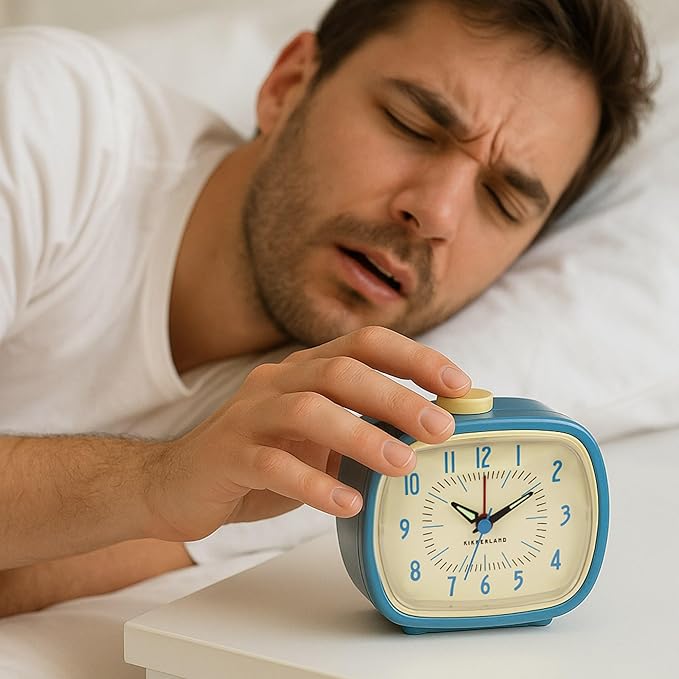 Kikkerland Retro Alarm Clock – Vintage Decor for Bedroom, Nightstand, Living Room, or Office – Battery Operated, Glow in The Dark, Decorative Analog Clock, Blue