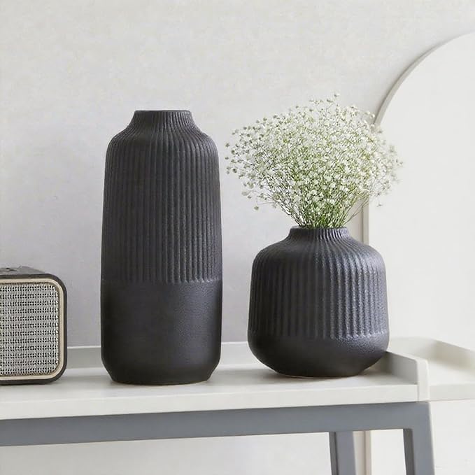 Black Ceramic Vase for Flowers, 8 Inch Flower Vases Home Decor, Black Boho Vases for Pampas Grass, Vase for Centerpieces Living Room Table Entryway Shelf