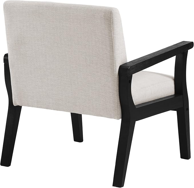 Mid Century Modern Accent Chair, Linen Upholstered Living Room Accent Armchair with Black Wood Frame, Farmhouse Chair Indoor Corner Chair for Living Room Bedroom, Beige
