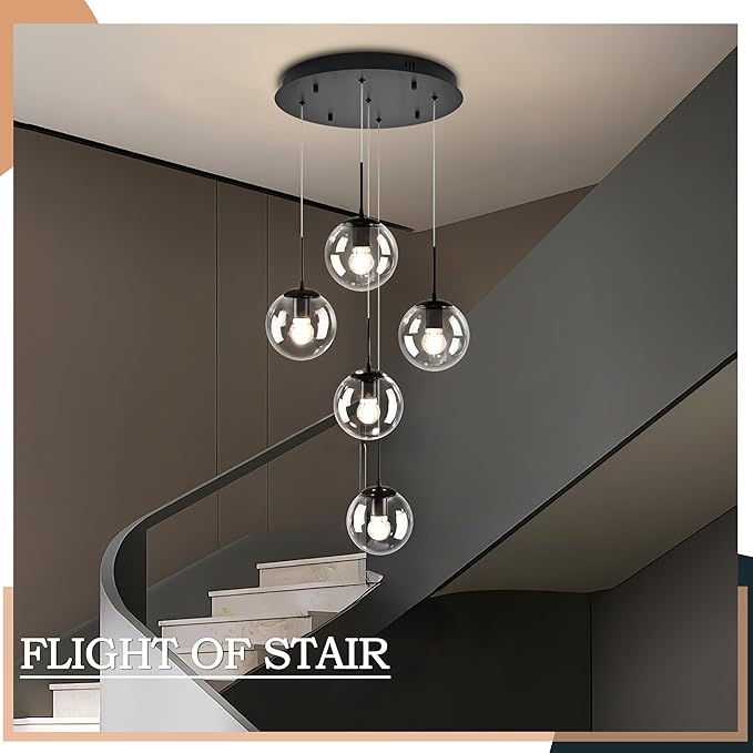 KoKo&Yukina 5-Light Globe Glass Pendant Light Adjustable Length Pendant Lights Modern Black Clear Globe Glass Chandelier High Ceiling Lights Fixtures for Foyer Staircase Entryway (Bulb & Remote Incl)