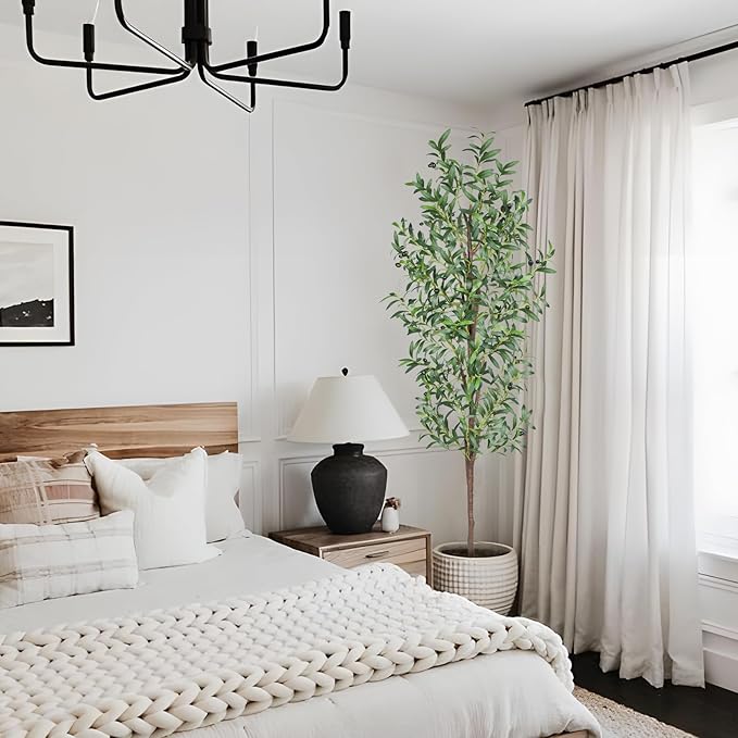 Artificial Olive Tree, 7FT Tall Faux Olive Trees 84in Outdoor Fake Potted Silk Plant with Trunk and Realistic 1048 Leaves and 40 Fruits for Modern Office Home Decor Indoor(1pack)