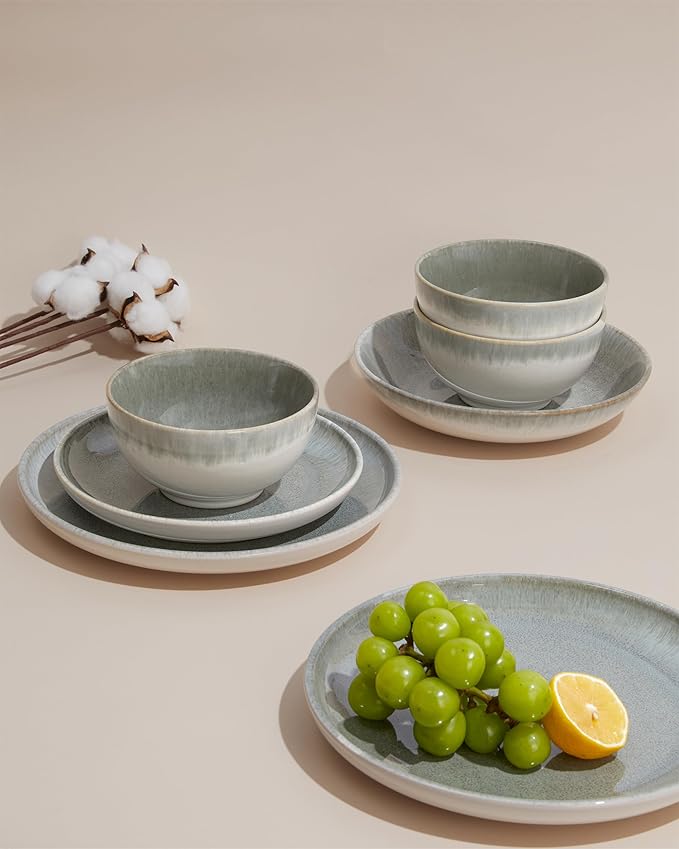 Ceramic Dinnerware Sets for 6, 18 Pieces Stoneware Plates and Bowls Sets, Chip and Stain Resistant Modern Dishes, Dishwasher & Microwave Safe Dinner Set, Gradient Green