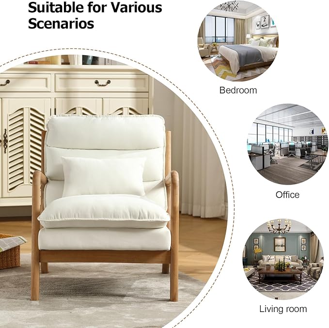 INZOY Accent Chairs Set of 2, Mid Century Modern Accent Chair with Wood Frame, Upholstered Reading Armchair with Waist Cushion, Side Chair for Living Room Bedroom Office, Easy Assembly, White