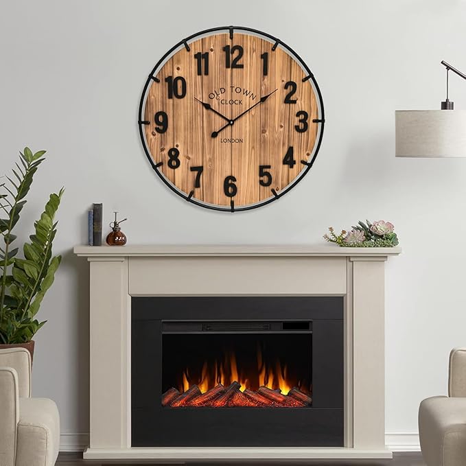 20 Inch Farmhouse Wall Clock Large Old Town Vintage Rustic Wooden Clock with Metal Rim and Large Numerals, Silent Battery-Operated for Office, Kitchen, Bedroom, and Living Room