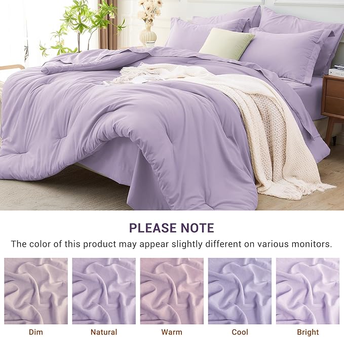 MUXHOMO 7 Pieces Full Comforter Set, Soft Bed in a Bag Full Size, All Season Bedding Set with Comforter, Flat Sheet, Fitted Sheet, Pillowcases & Shams, Lavender