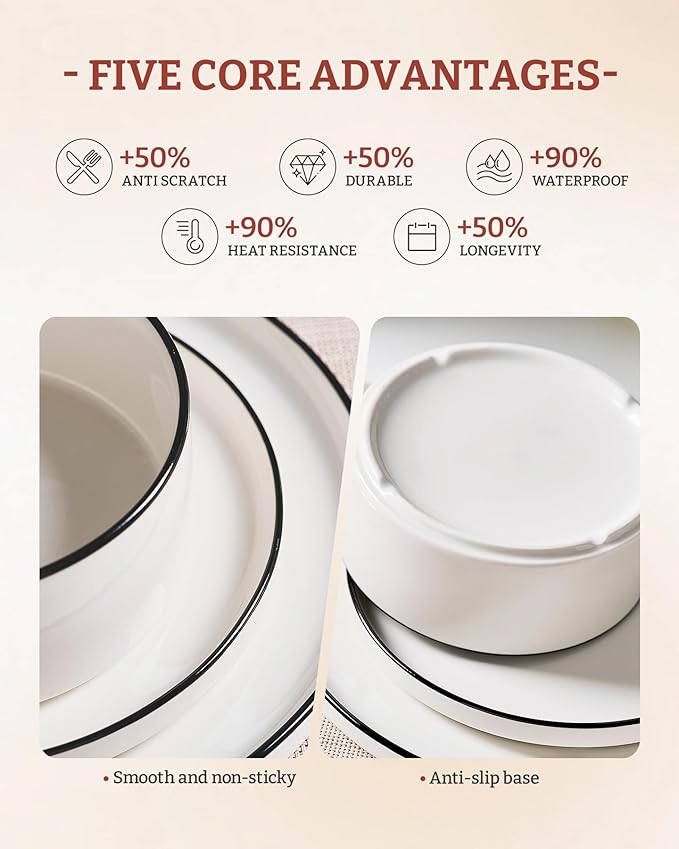 Famiware Porcelain Dinnerware Set, 24-Piece Modern Plate and Bowl Set, dish set for 8, Microwave and Dishwasher Safe Tableware, White with Black Trim
