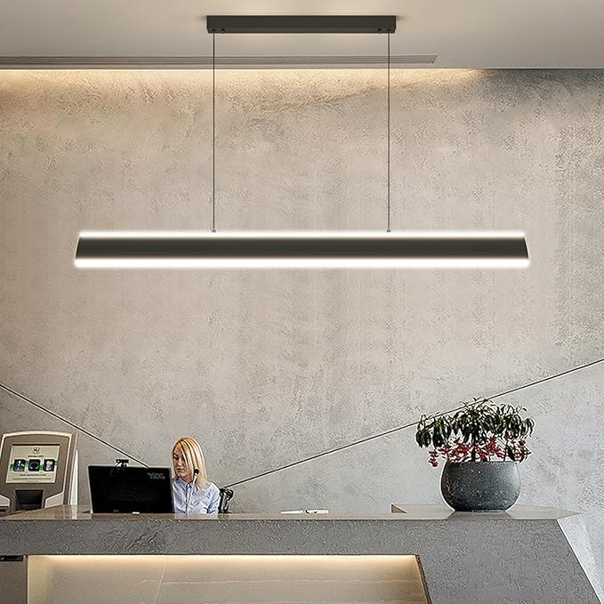 47" Linear Pendant Light Fixtures, Dimmable LED Chandeliers for Dining Room, Modern Pool Table Island Light for Kitchen Dining Room Billiard Room Office, Black, Adjustable Height