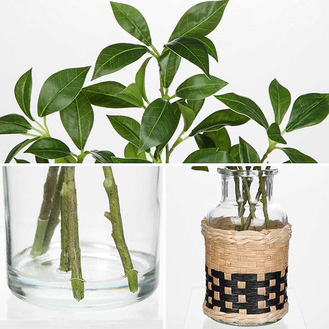Fake Stems in Glass Vase with Faux Water and Handcrafted Bamboo Weave 13.4” Artificial Plants Leaves for Shelf Desk Bathroom Farmhouse Room Coffee Table Home Decor