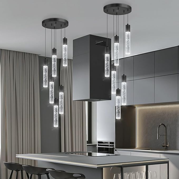 Modern Pendants Light for Kitchen Island Crystal Mini Chandeliers Dining Room LED Pendant Lighting Fixture High Ceiling Hanging Lights Bedroom Island Kitchen Foyer 6000K White Light Fixtures Black