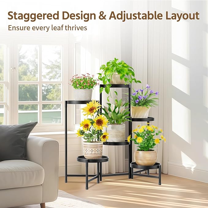 LASZOLA 6 Tiered Folding Plant Stand Indoor for Multiple Large Planter, Tall Heavy Duty Adjustable Rack with Rust Proof 10 Inch Wide Tray, Sturdy Vertical Tree Organizer for Narrow Inside Floor, Black