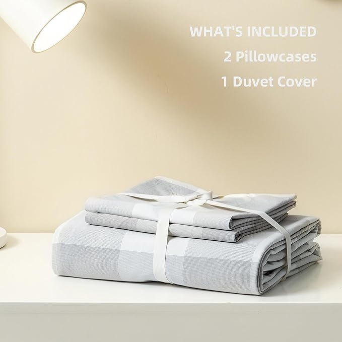 JIYUAN 100% Washed Cotton Duvet Cover Set 3 Pieces Queen, 1 Duvet Cover 90x90 Inches(Comforter Not Included) and 2 Pillowcases,Linen Feel Bedding Set Comfy and Breathable, Heathered Plaid Grey