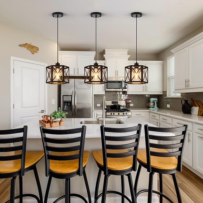 2 Pack Farmhouse Pendant Lights, Modern Black Hanging Light Fixture with Hexagonal Cage, Industrial Metal Ceiling Lights, Adjustable Lantern Pendant Lighting for Kitchen Island Sink Hallway