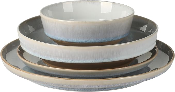 Gibson Elite Hailstone 16 Piece Stoneware Reactive Glaze (Service for 4) Ceramic Plates and Bowls Dinnerware Set - Moon Blue