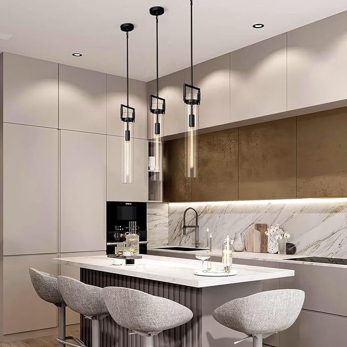 Modern Large Black Pendant Light Fixture Set of 2-21.6 Inch Adjustable Hanging Chandelier with Glass Shade & Brass Finish, Farmhouse Island Lighting for Kitchen, Dining Room, Bathroom