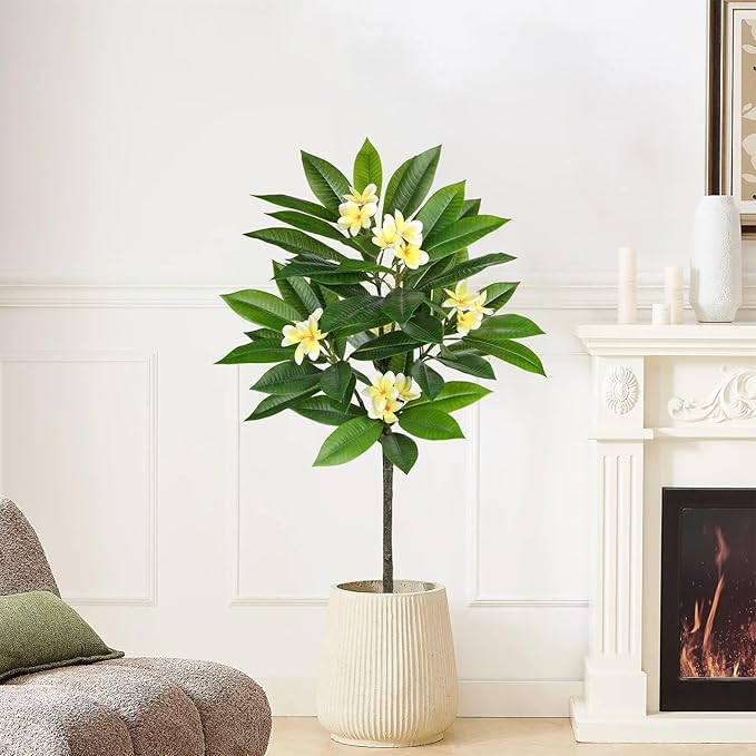 Briful Artificial Plants Indoor 4.17ft Fake Tropical Plumeria Flowers Tree in Black Pot Hawaiian Yellow Plumeria Faux Frangipani Tree Potted Floor Plant for Home Office Wedding Decor
